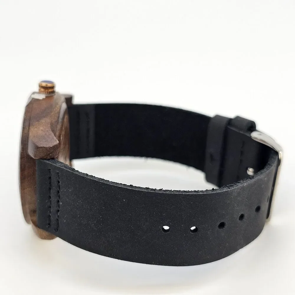 VICVS‎ Men's Wood Watch 40MM Black Dial Black Leather Bands New Battery